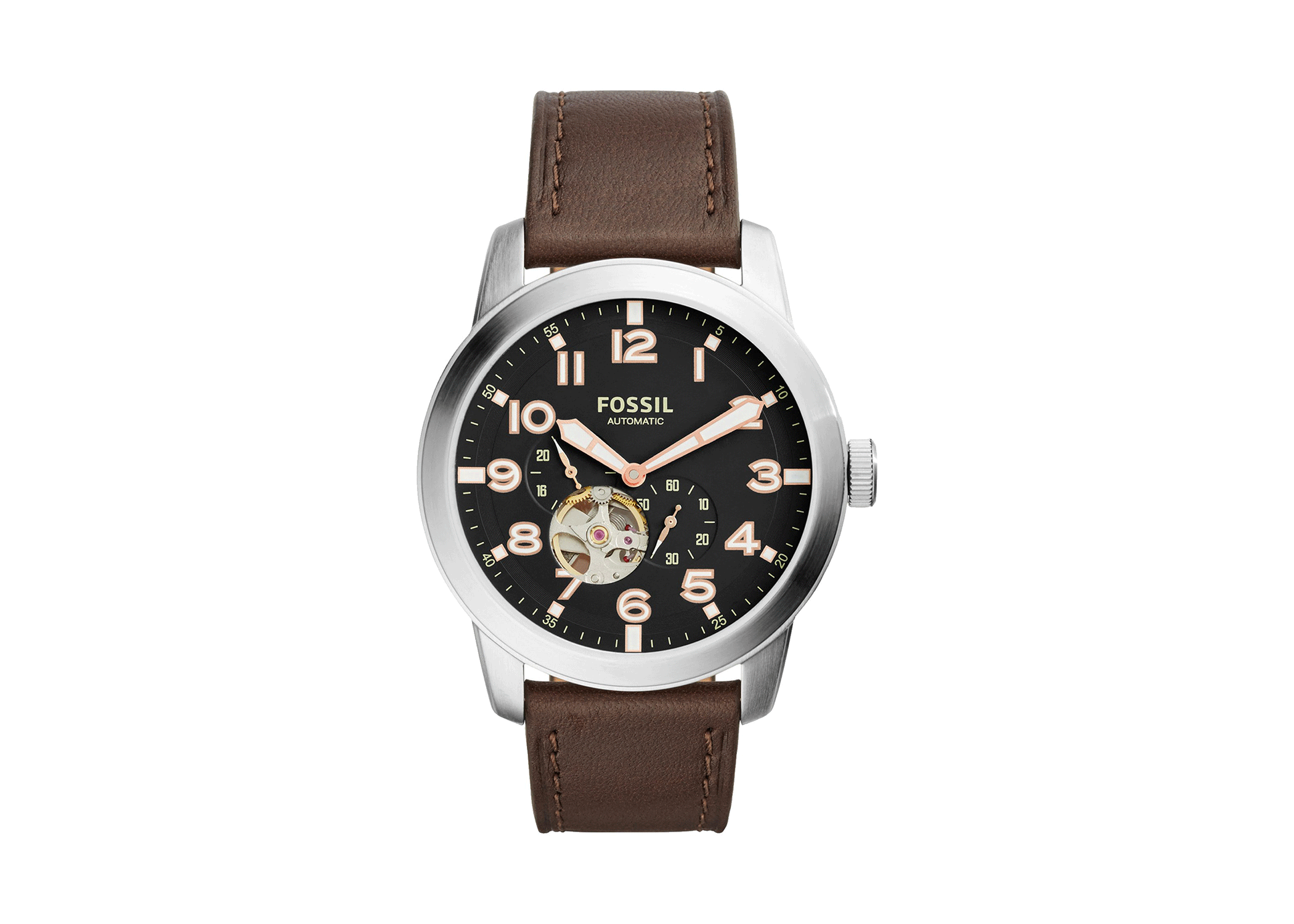 Fossil Pilot 54 Automatic Black Dial Brown Leather Strap Watch for Men - ME3118 Watches Fossil   