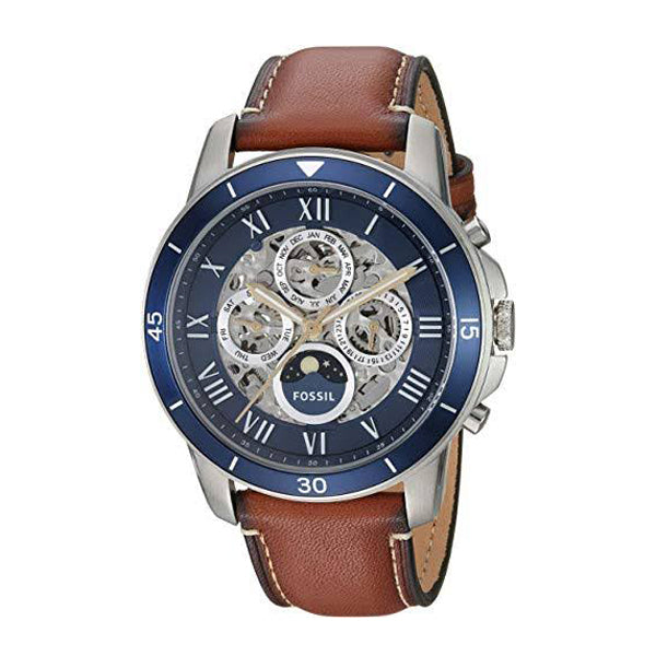 Fossil Grant Sport Automatic Skeleton Blue Dial Brown Leather Strap Watch for Men - ME3140 Watches Fossil   