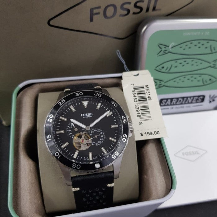 Fossil Crewmaster Sports Automatic Black Dial Black Leather Strap Watch for Men - ME3148 Watches Fossil   