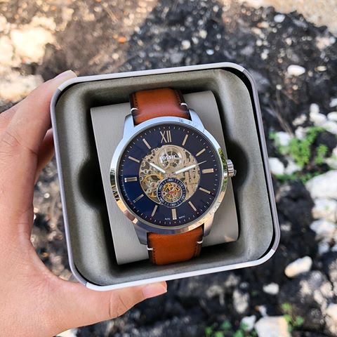 Fossil Townsman Automatic Skeleton Blue Dial Brown Leather Strap Watch for Men - ME3154 Watches Fossil   