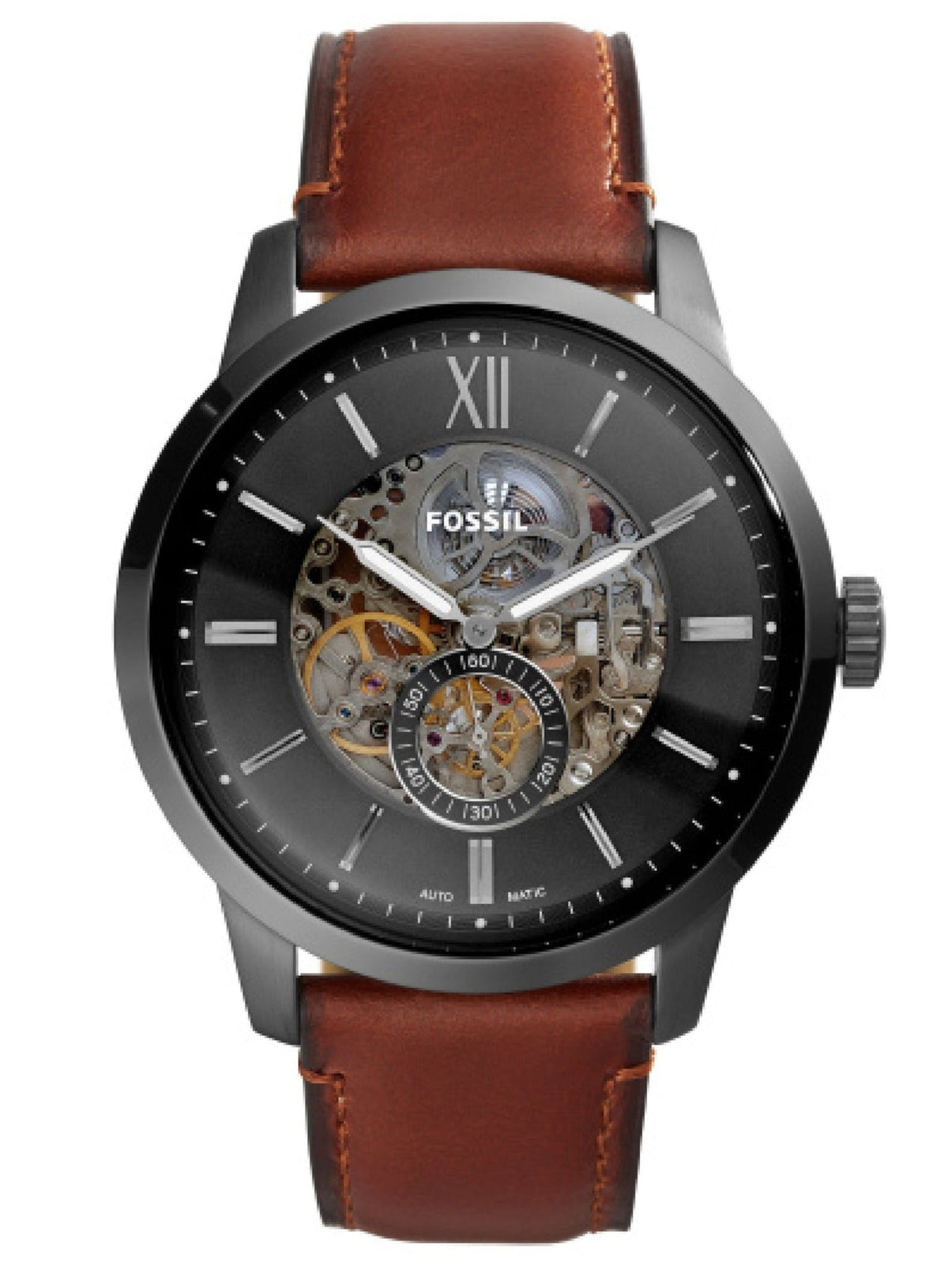 Fossil Townsman Automatic Skeleton Black Dial Brown Leather Strap Watch for Men - ME3181 Watches Fossil   