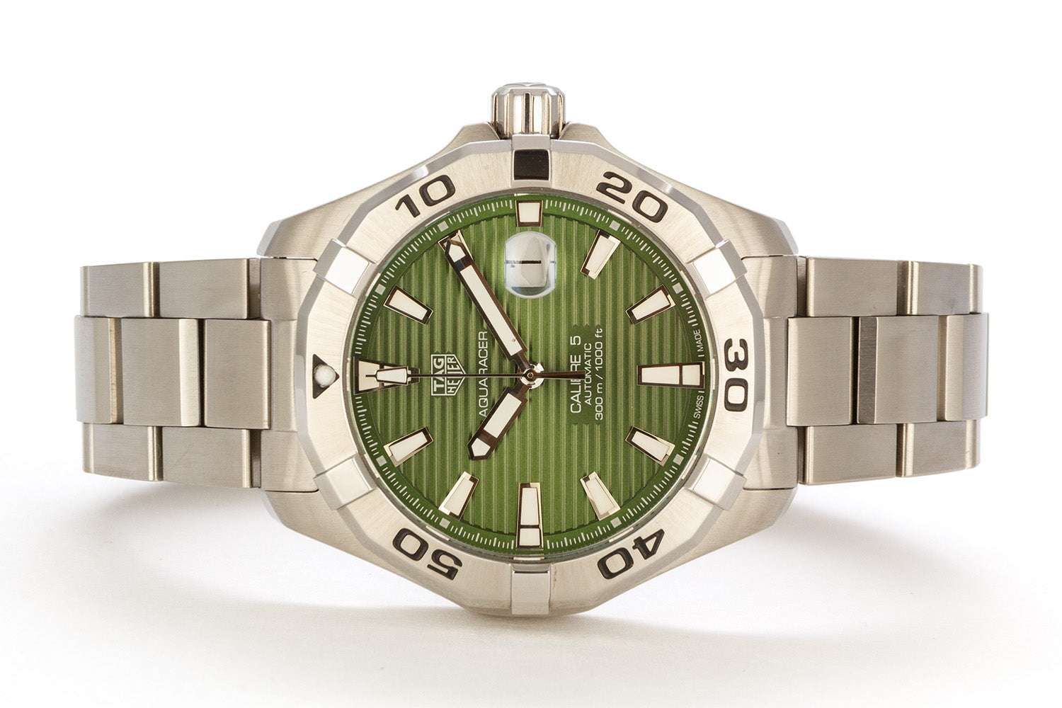 Tag Heuer Aquaracer Calibre 5 Automatic Green Dial Silver Steel Strap Watch for Men - WAY2015.BA0927 Watches Tag Heuer   