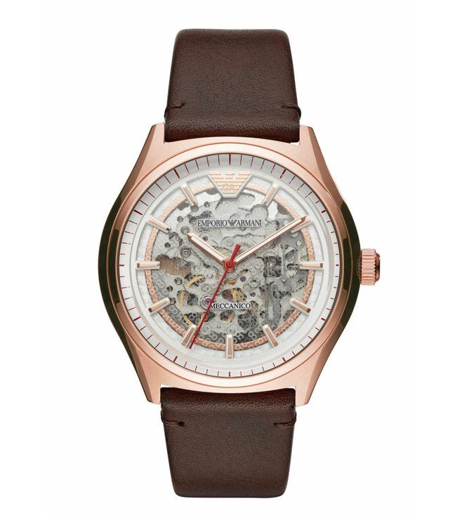 Emporio Armani Meccanico White Skeleton Dial Brown Leather Strap Watch For Men - AR60005 Watches Emporio Armani   