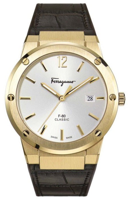 Salvatore Ferragamo F-80 Classic Silver Dial Brown Leather Strap Watch for Men - SFDT00419 Watches Salvatore Ferragamo   