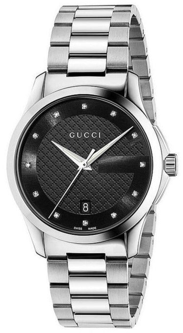 Gucci G Timeless Diamonds Black Dial Silver Steel Strap Watch For Men - YA126456 Watches Gucci   