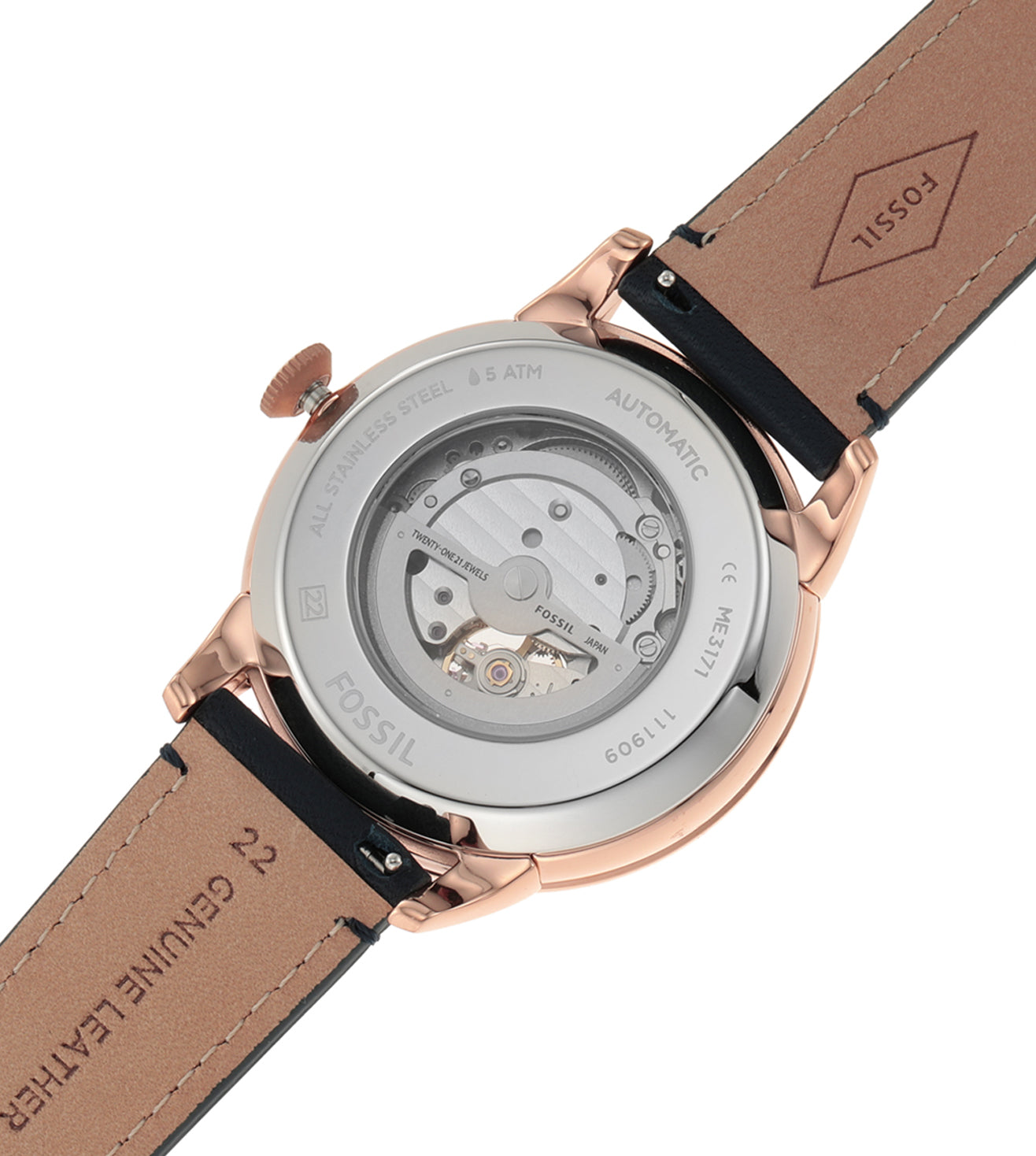 Fossil Townsman Automatic White Dial Navy Blue Leather Strap Watch for Men - ME3171 Watches Fossil   