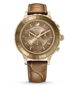 Swarovski Octea Lux Chrono Brown Gold Dial Brown Leather Strap Watch for Women - 5632260 Watches Swarovski   