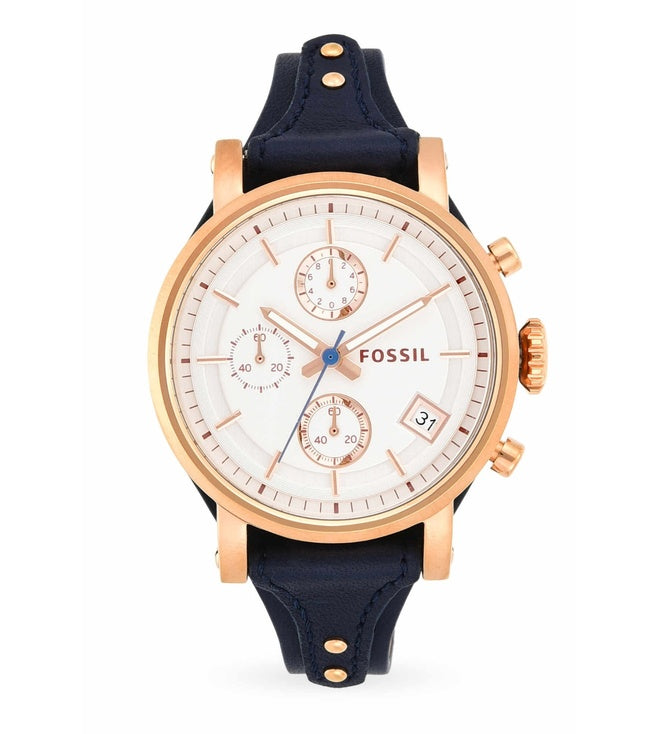 Fossil Original Boyfriend Chronograph White Dial Navy Blue Leather Strap Watch for Women - ES3838 Watches Fossil   