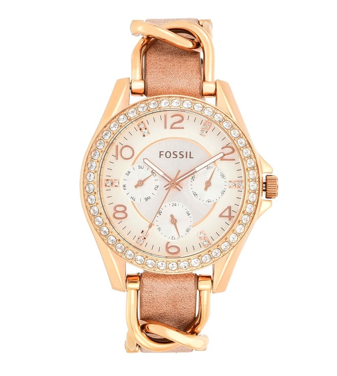 Fossil Riley White Dial Sand Leather Strap Watch for Women - ES3466 Watches Fossil   