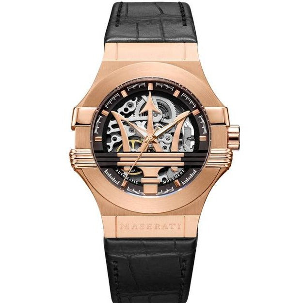 Maserati Potenza Automatic Rose Gold Dial Black Leather Strap Watch For Men - R8821108002 Watches Maserati   