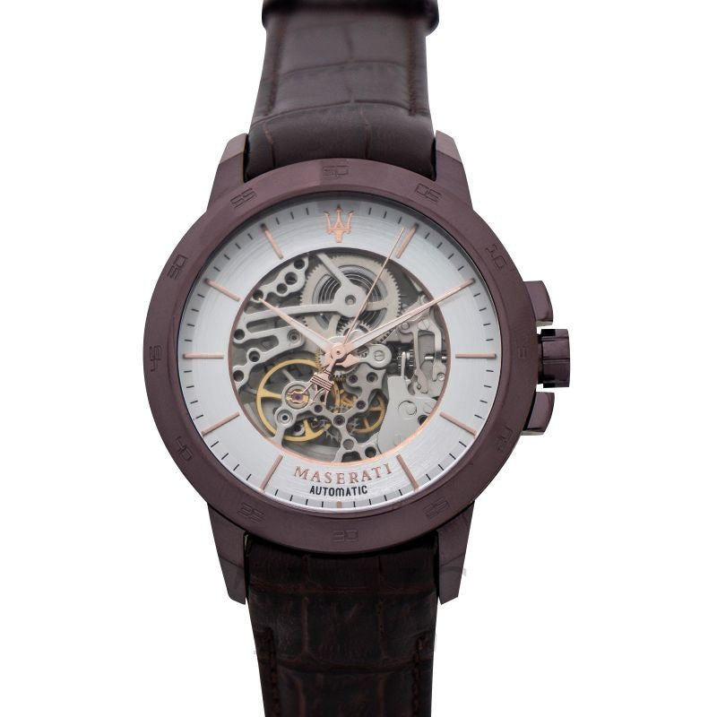 Maserati Ingegno Automatic White Skeleton Dial Brown Leather Strap Watch For Men - R8821119003 Watches Maserati   