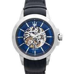 Maserati Ingegno Automatic Blue Skeleton Dial Black Leather Strap Watch For Men - R8821119004 Watches Maserati   