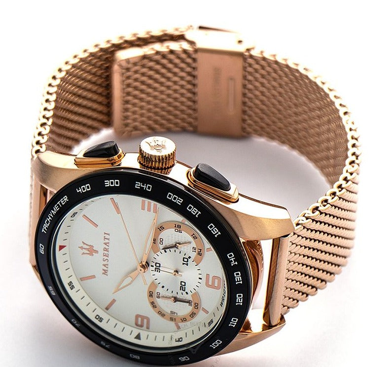 Maserati Traguardo 45mm Chronograph Rose Gold Mesh Strap White Dial Watch For Men - R8873612011 Watches Maserati   