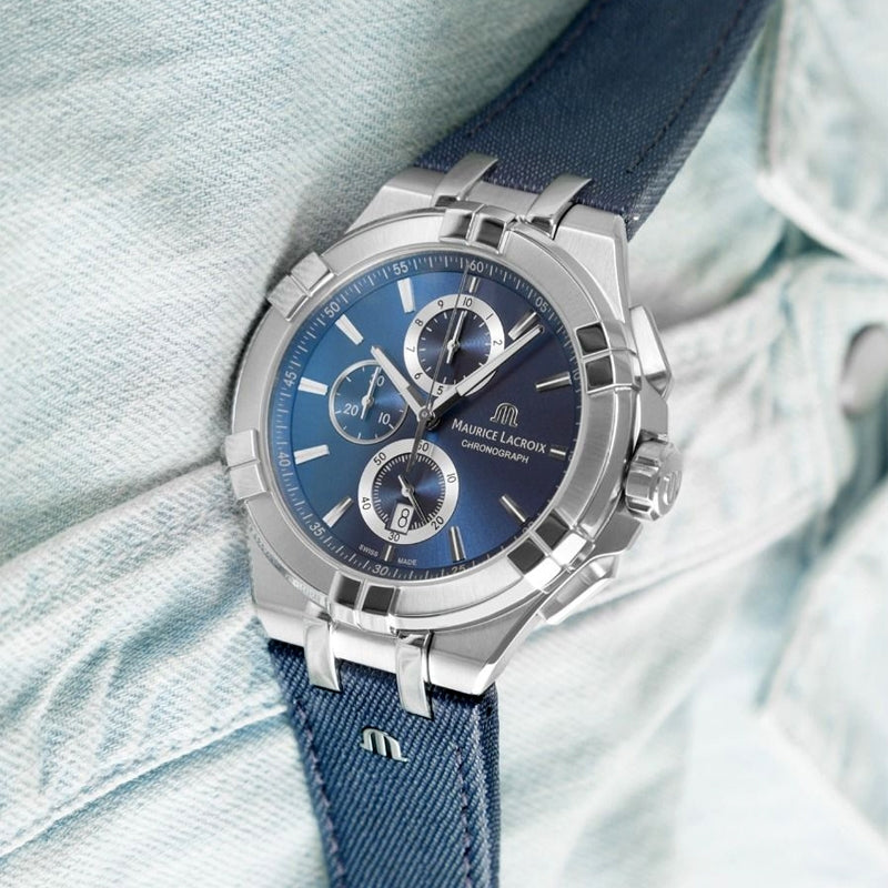 Maurice Lacroix Aikon Chronograph Blue Dial Blue Leather Strap Watch for Men - AI1018-SS001-430-1 Watches Maurice Lacroix   