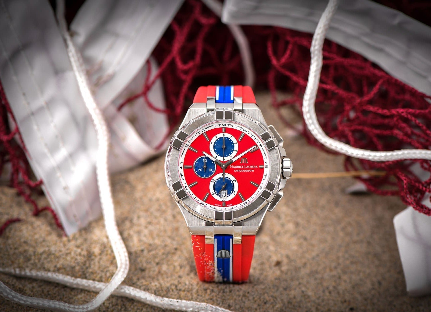 Maurice Lacroix Aikon Beach Volley Vikings Limited Edition Red Dial Red Rubber Strap Watch for Men - AI1018-SS001-530-6 Watches Maurice Lacroix   