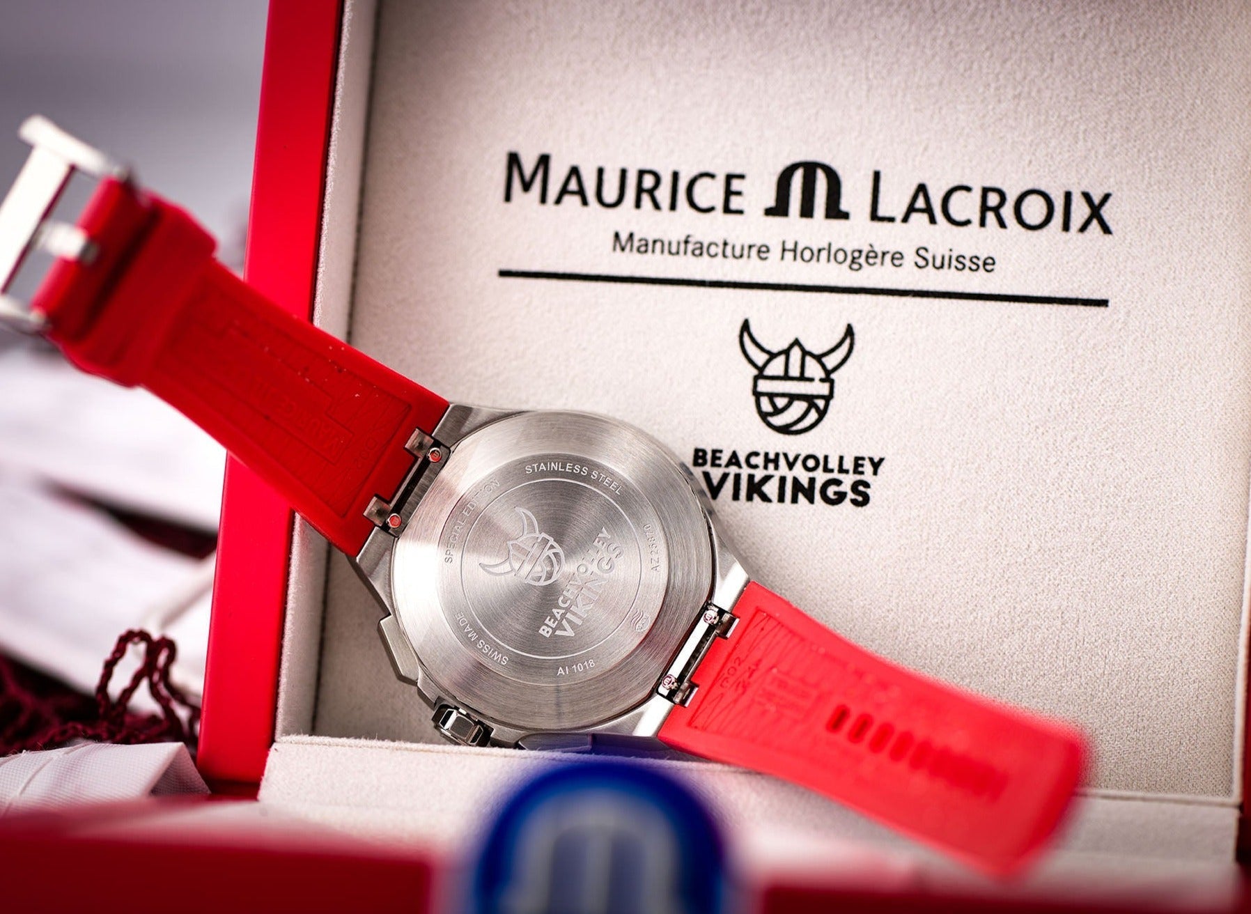 Maurice Lacroix Aikon Beach Volley Vikings Limited Edition Red Dial Red Rubber Strap Watch for Men - AI1018-SS001-530-6 Watches Maurice Lacroix   