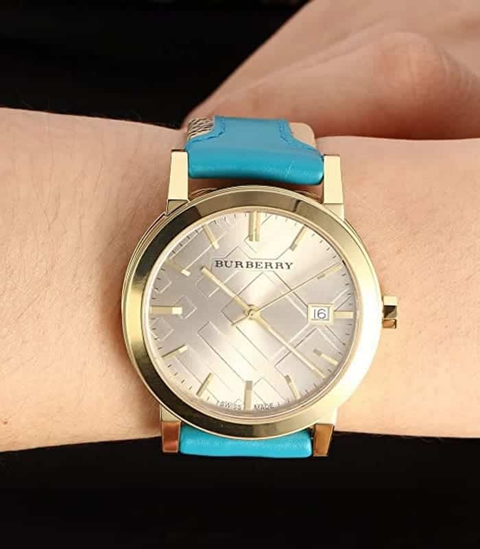 Burberry The City Gold Dial Turquoise Leather Strap Watch for Women - BU9018 Watches Burberry   