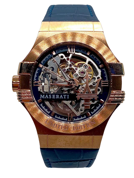 Maserati Automatic Skeleton Dial Rose Gold Blue Leather Strap Watch For Men - R8821108022 Watches Maserati   