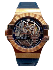 Maserati Automatic Skeleton Dial Rose Gold Blue Leather Strap Watch For Men - R8821108022 Watches Maserati   