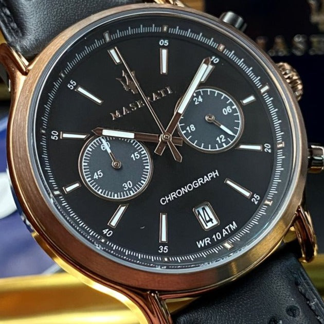 Maserati Legend Chronograph Black Dial Black Leather Strap Watch For Men - R8871638001 Watches Maserati   