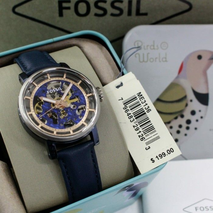 Fossil Boyfriend Skeleton Blue Dial Blue Leather Strap Watch for Women - ME3136 Watches Fossil   