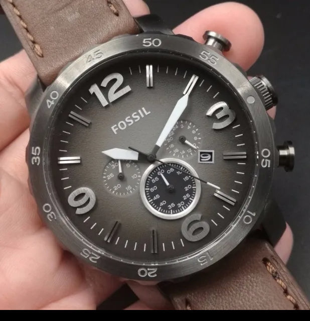 Fossil Nate Chronograph Grey Dial Brown Leather Strap Watch for Men - JR1424 Watches Fossil   