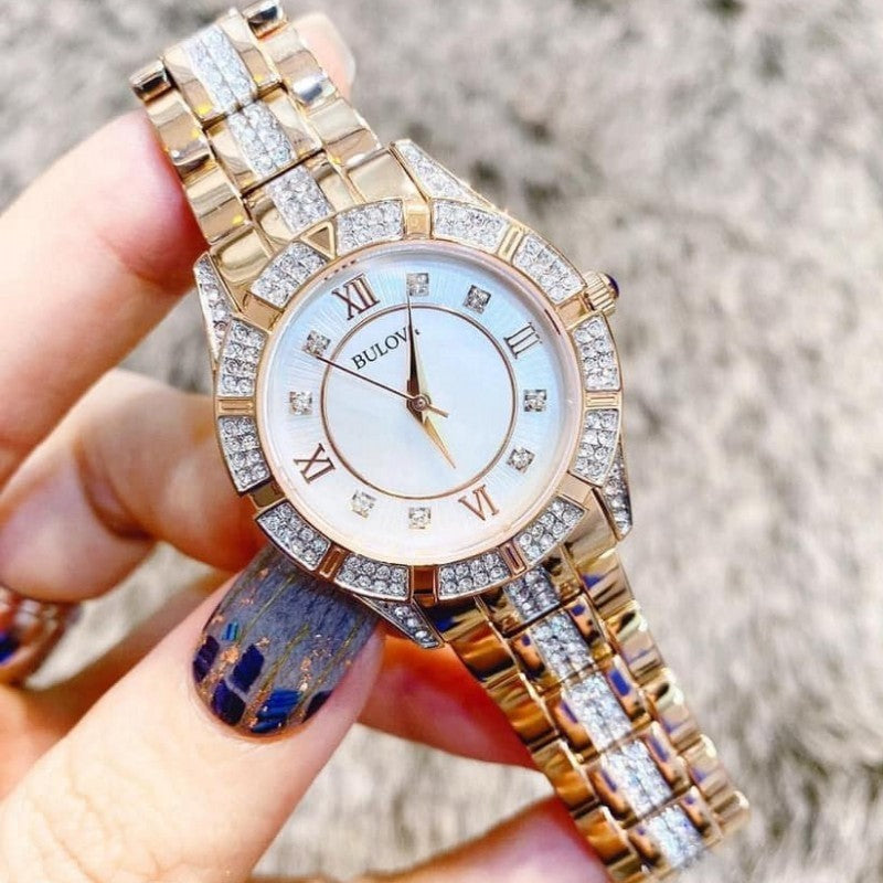 Bulova Crystal Mother of Pearl Dial Rose Gold Steel Strap Watch for Women - 98L197 Watches Bulova   