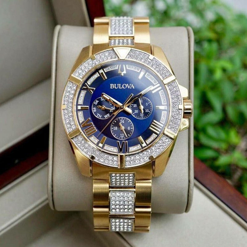 Bulova Crystal Collection Blue Dial Gold Steel Strap Watch for Men - 98C128 Watches Bulova   