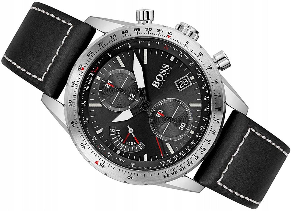 Hugo Boss Pilot Edition Black Dial Black Leather Strap Watch for Men - 1513853 Watches Hugo Boss   