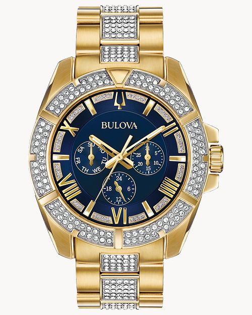 Bulova Crystal Collection Blue Dial Gold Steel Strap Watch for Men - 98C128 Watches Bulova   