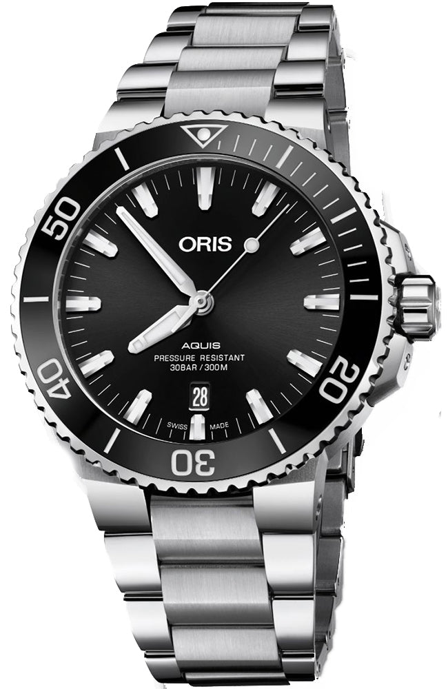 Oris Aquis Date Black Dial Silver Steel Strap Watch For Men - 0173377304134-0782405PEB