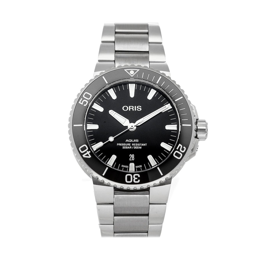 Oris Aquis Date Black Dial Silver Steel Strap Watch For Men - 0173377304134-0782405PEB