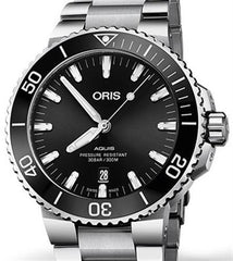 Oris Aquis Date Black Dial Silver Steel Strap Watch For Men - 0173377304134-0782405PEB