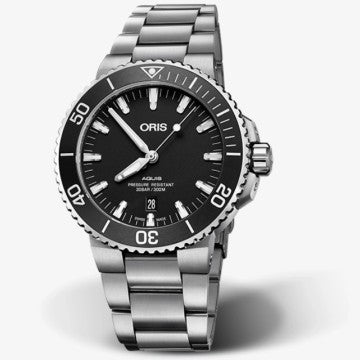 Oris Aquis Date Black Dial Silver Steel Strap Watch For Men - 0173377304134-0782405PEB