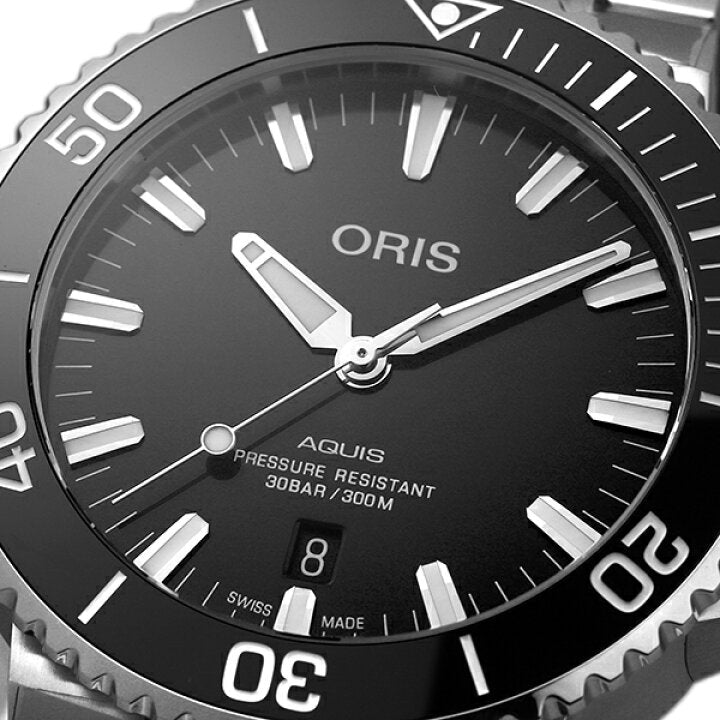 Oris Aquis Date Black Dial Silver Steel Strap Watch For Men - 0173377304134-0782405PEB