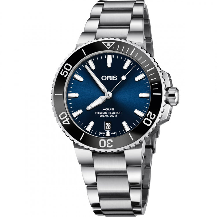 Oris Aquis Date Blue Dial Silver Steel Strap Watch For Men - 0173377304135-0782405PEB