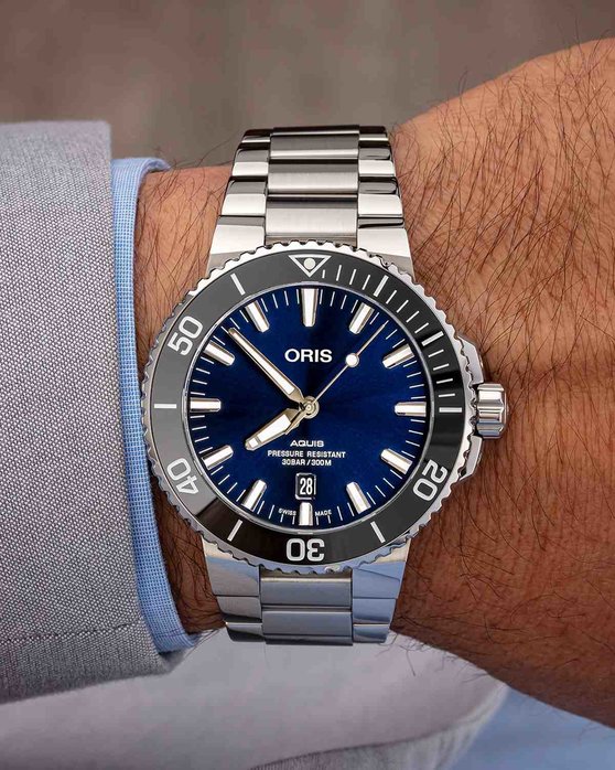 Oris Aquis Date Blue Dial Silver Steel Strap Watch For Men - 0173377304135-0782405PEB