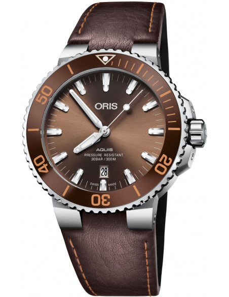 Oris Aquis Date Brown Dial Brown Leather Strap Watch For Men - 0173377304152-0752412EB