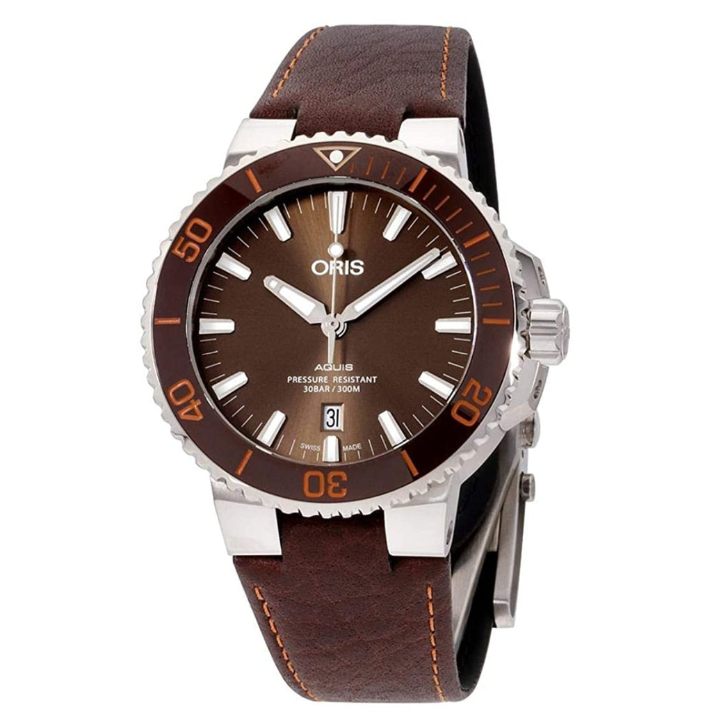 Oris Aquis Date Brown Dial Brown Leather Strap Watch For Men - 0173377304152-0752412EB