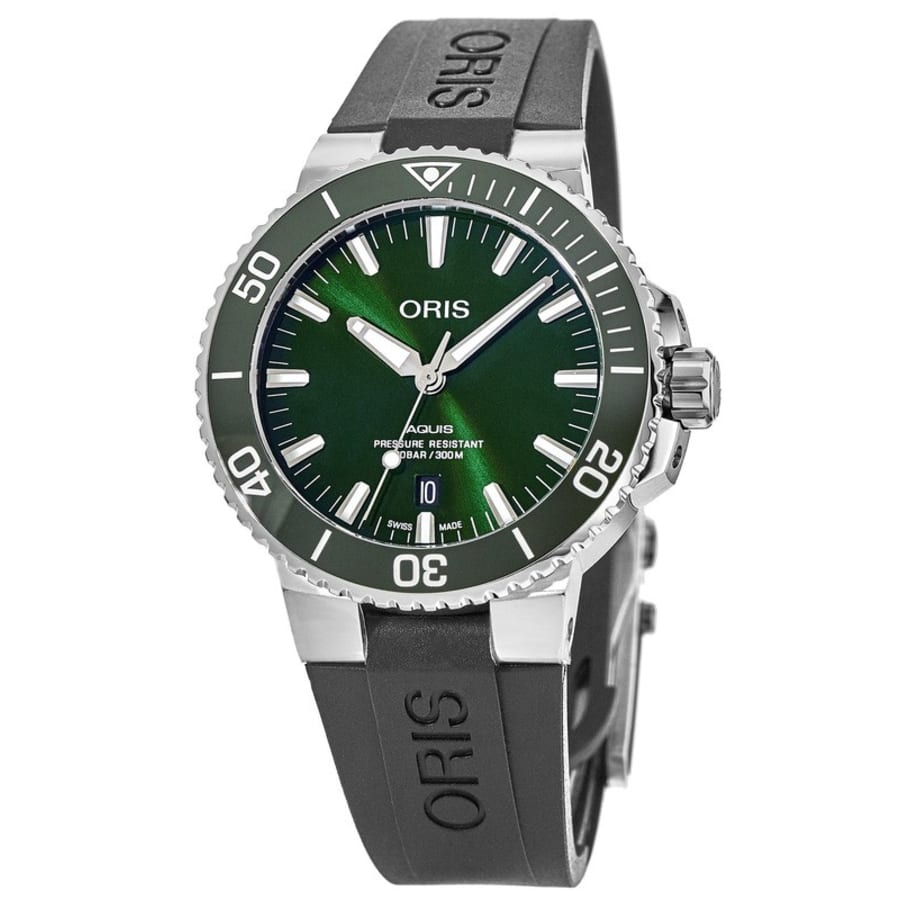 Oris Aquis Date Green Dial Black Rubber Strap Watch For Men - 0173377304157-0742464EB