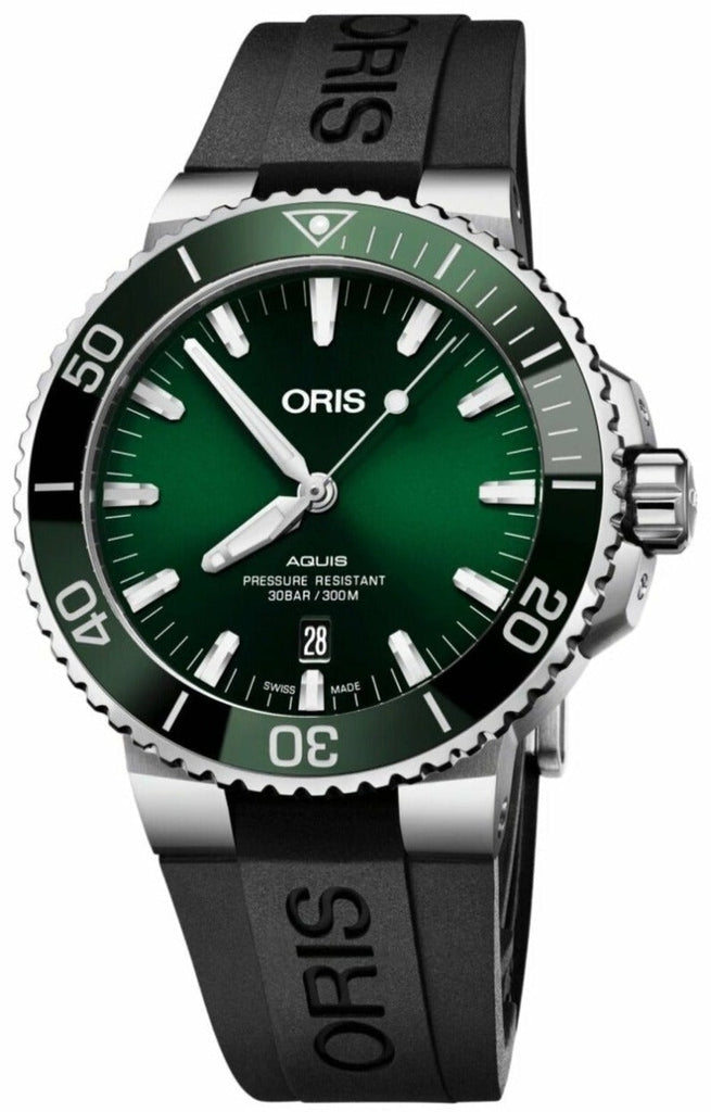 Oris Aquis Date Green Dial Black Rubber Strap Watch For Men - 0173377304157-0742464EB