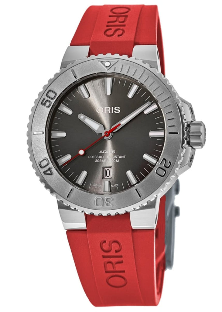 Oris Aquis Date Relief Grey Dial Red Rubber Strap Watch For Men - 0173377304153-0742466EB