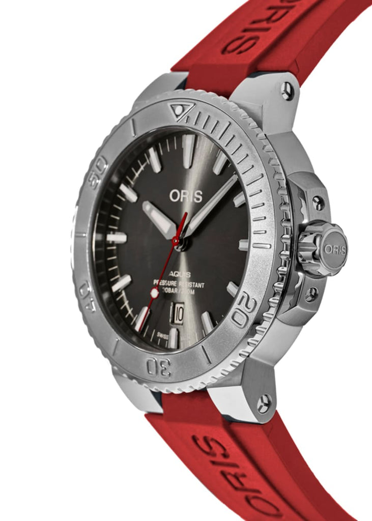 Oris Aquis Date Relief Grey Dial Red Rubber Strap Watch For Men - 0173377304153-0742466EB