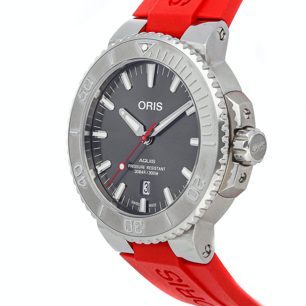 Oris Aquis Date Relief Grey Dial Red Rubber Strap Watch For Men - 0173377304153-0742466EB