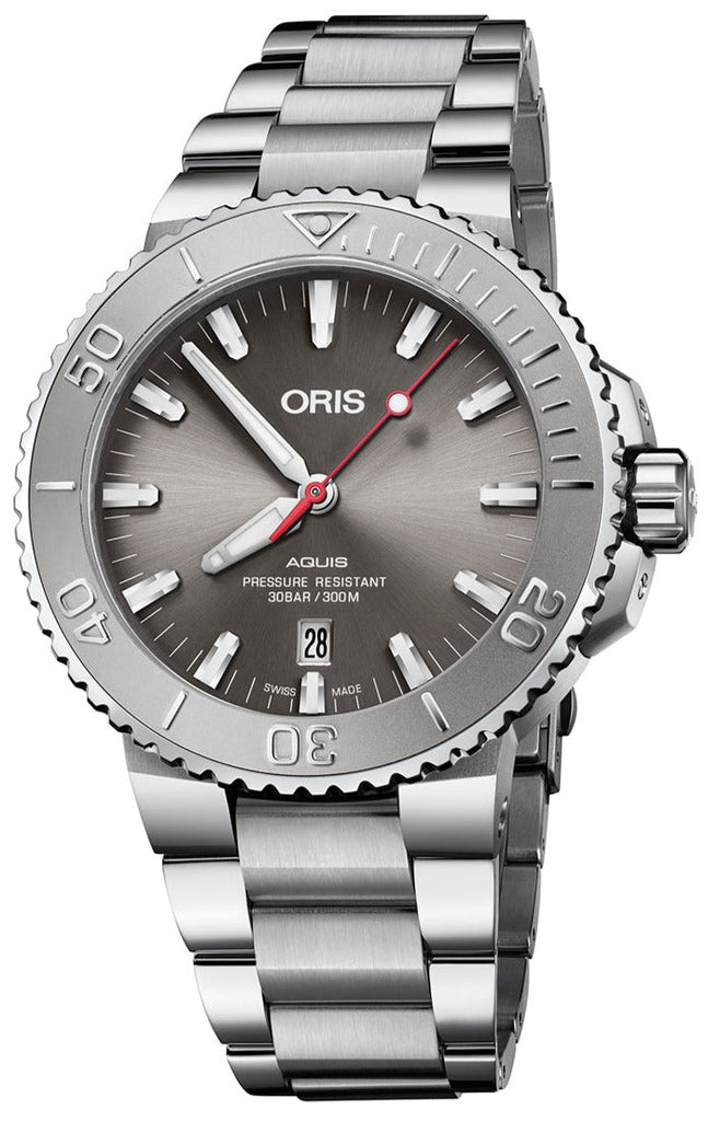 Oris Aquis Date Relief Grey Dial Silver Steel Strap Watch For Men - 0173377304153-0782405PEB