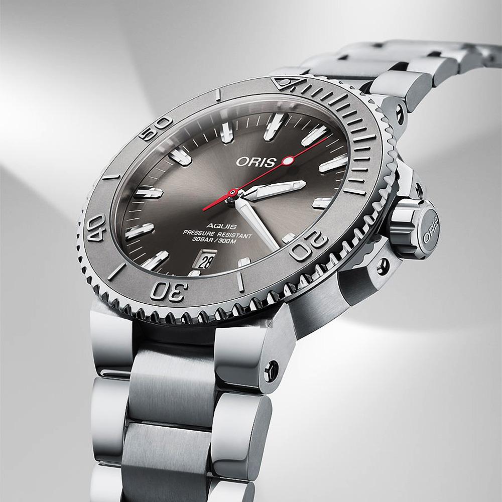 Oris Aquis Date Relief Grey Dial Silver Steel Strap Watch For Men - 0173377304153-0782405PEB