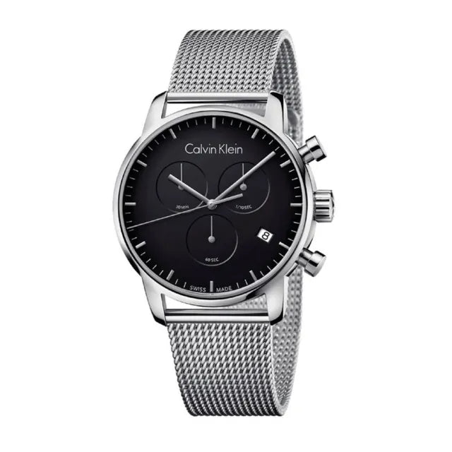 Calvin Klein City Chronograph Black Dial Silver Mesh Bracelet Watch for Men - K2G27121 Watches Calvin Klein   