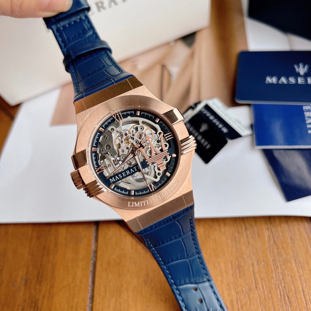 Maserati Automatic Skeleton Dial Rose Gold Blue Leather Strap Watch For Men - R8821108022 Watches Maserati   