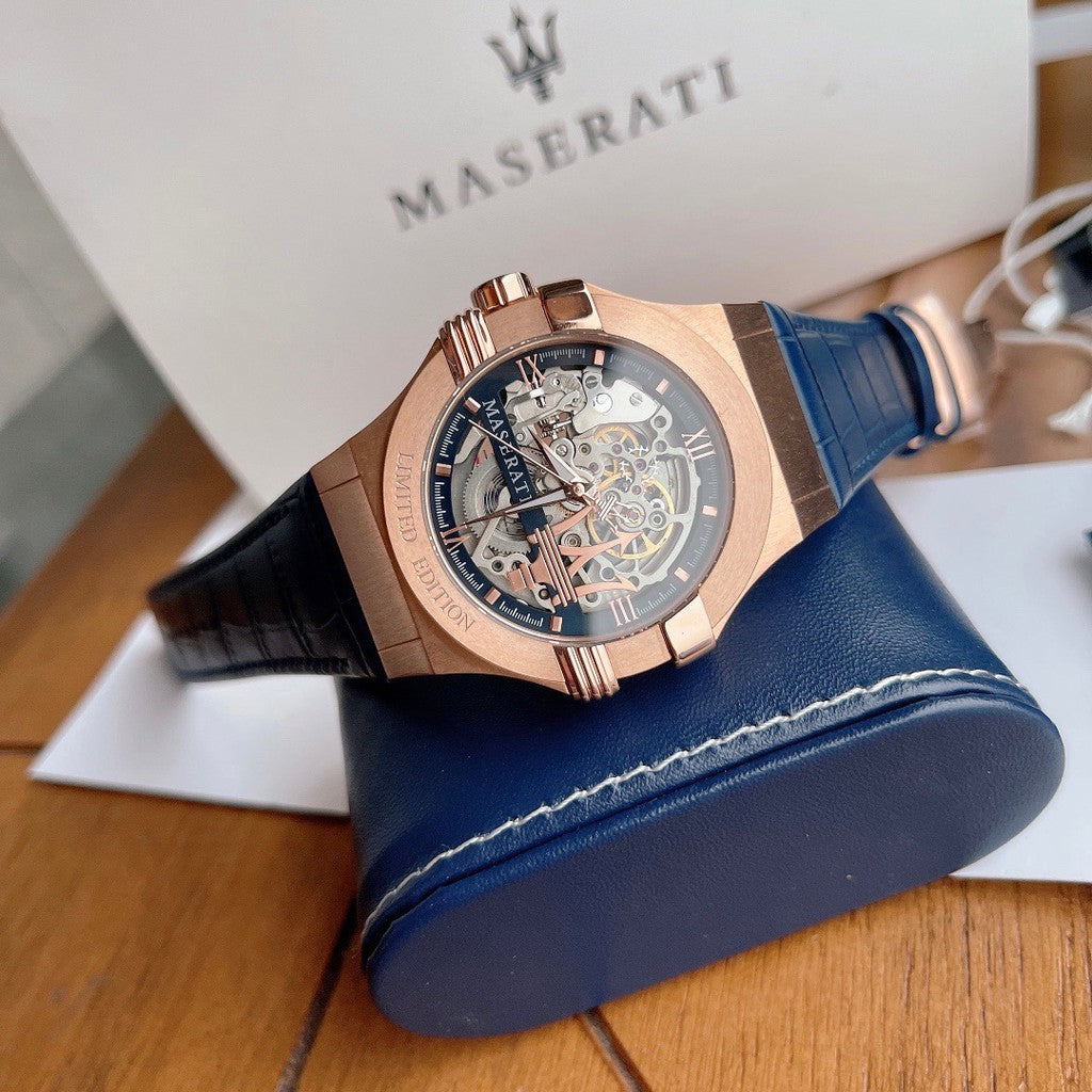 Maserati Automatic Skeleton Dial Rose Gold Blue Leather Strap Watch For Men - R8821108022 Watches Maserati   