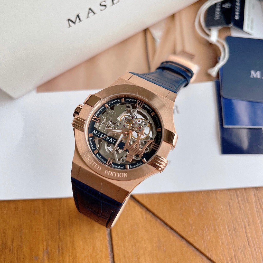 Maserati Automatic Skeleton Dial Rose Gold Blue Leather Strap Watch For Men - R8821108022 Watches Maserati   